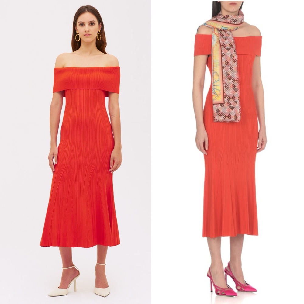 NWT Self-Portrait Off-The-Shoulder Ribbed-Knit Midi Dress Size Small - Picture 2 of 15